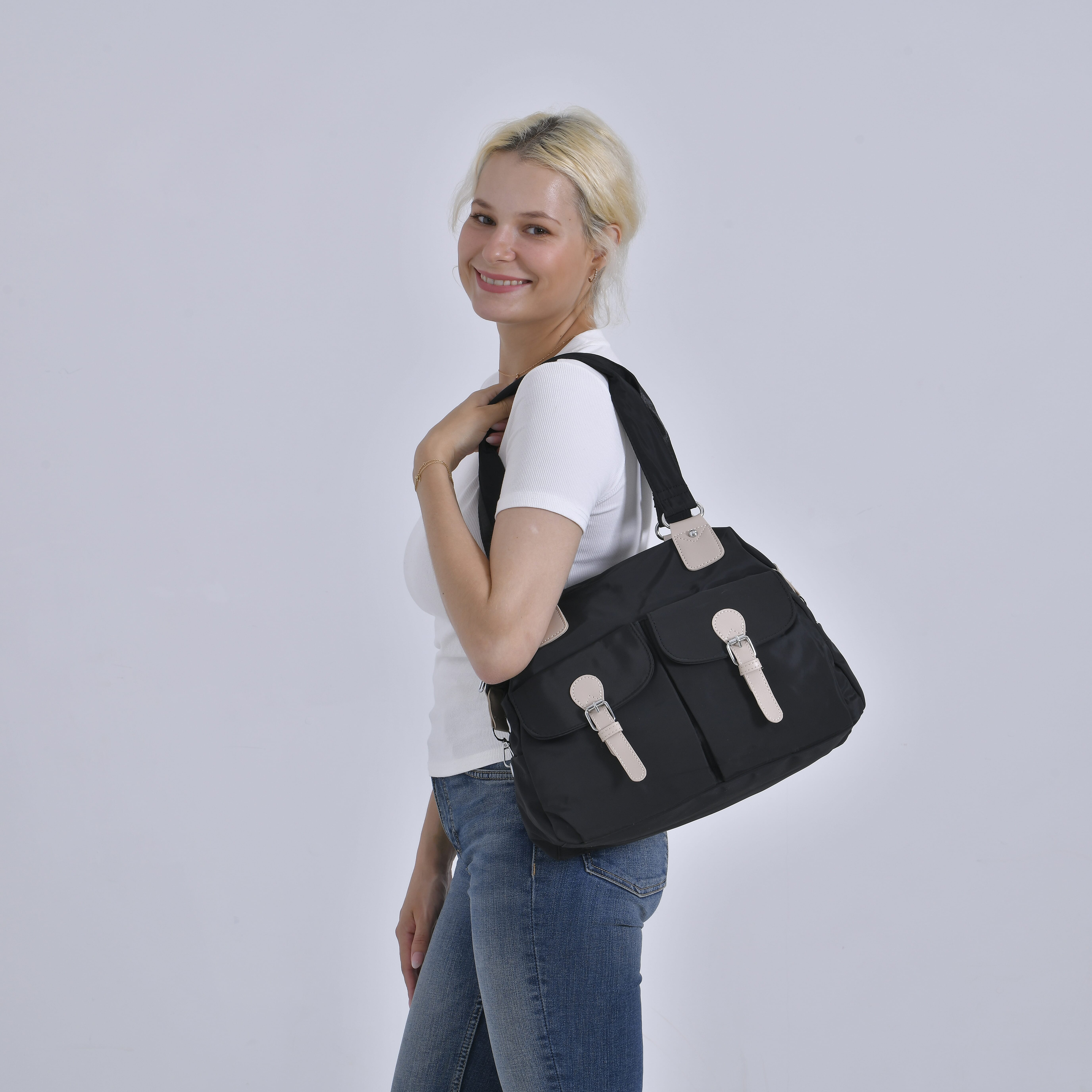 Black Multi-Pocket Crossbody Bag with Shoulder Strap