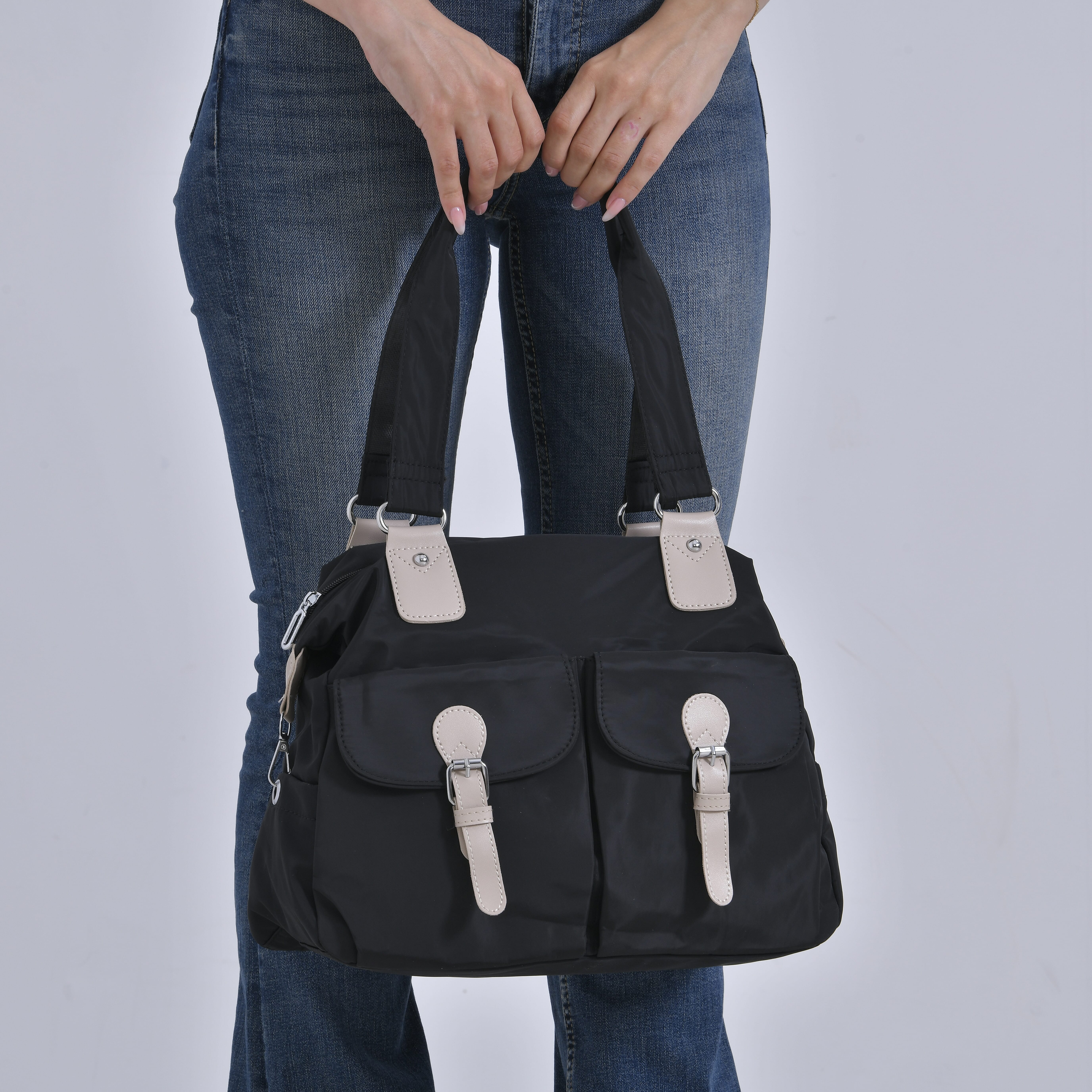 Black Multi-Pocket Crossbody Bag with Shoulder Strap