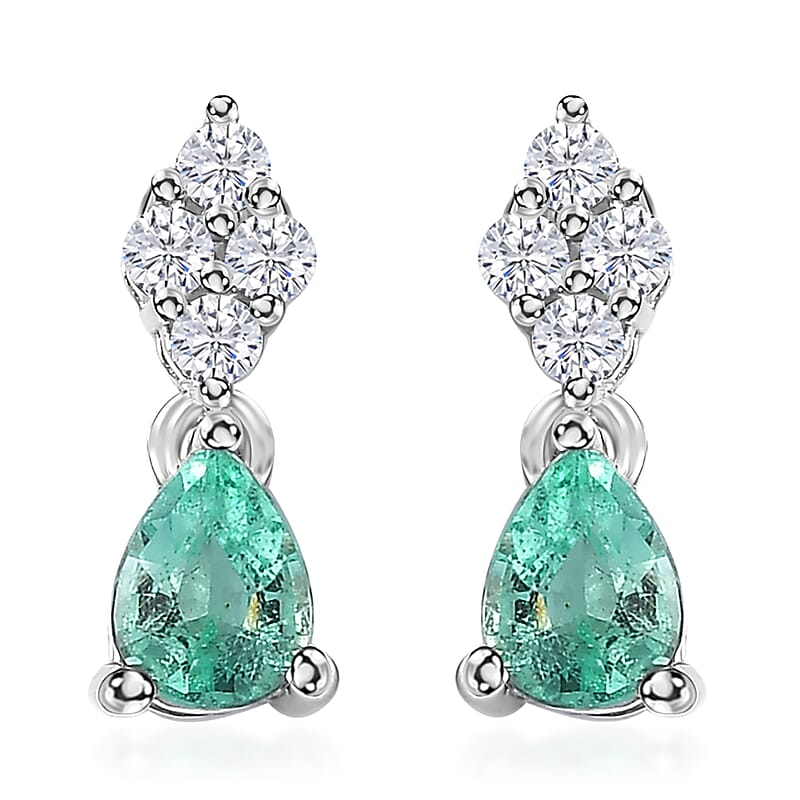 Boyaca Colombian Emerald and Moissanite 0.85 ctw Drop Earrings in Rhodium Over Sterling Silver