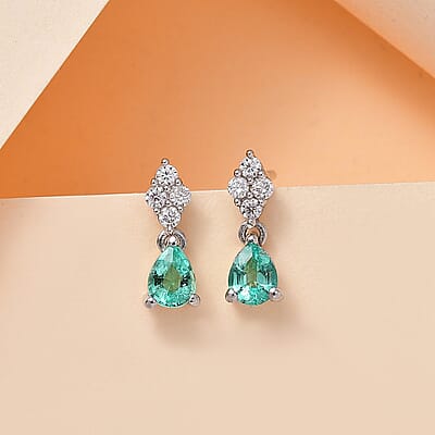 Boyaca Colombian Emerald and Moissanite 0.85 ctw Drop Earrings in Rhodium Over Sterling Silver
