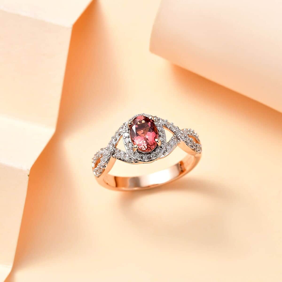 Luxoro AAA Blush Tourmaline and G-H I2 Diamond 1.15 ctw Infinity Love Ring in 10K Rose Gold (Size 6.0) image number 1