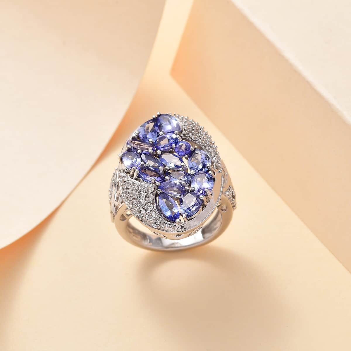 Tanzanite and White Zircon 4.40 ctw Folding Leaf Ring in Rhodium Over Sterling Silver image number 1