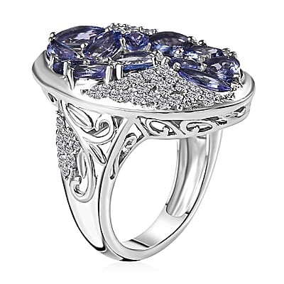 Tanzanite and White Zircon 4.40 ctw Leaves Ring in Rhodium Over Sterling Silver (Size 10.0)
