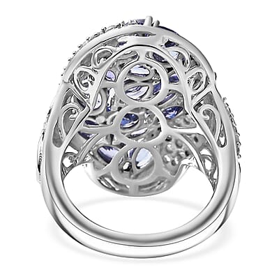 Tanzanite and White Zircon 4.40 ctw Leaves Ring in Rhodium Over Sterling Silver (Size 10.0)