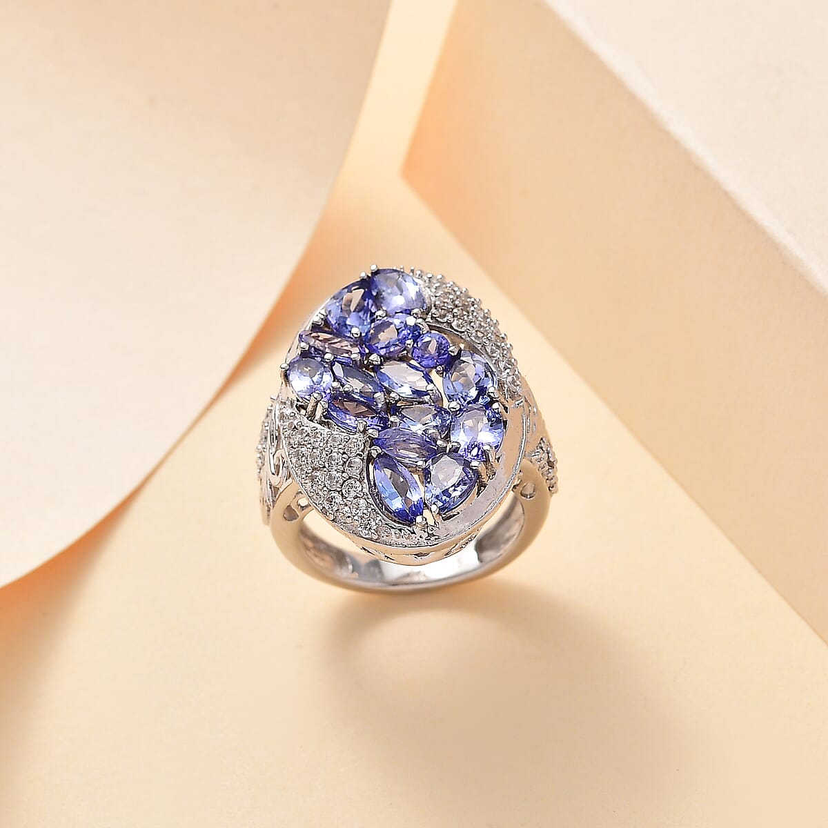 Tanzanite and White Zircon 4.40 ctw Leaves Ring in Rhodium Over Sterling Silver (Size 5.0) image number 1