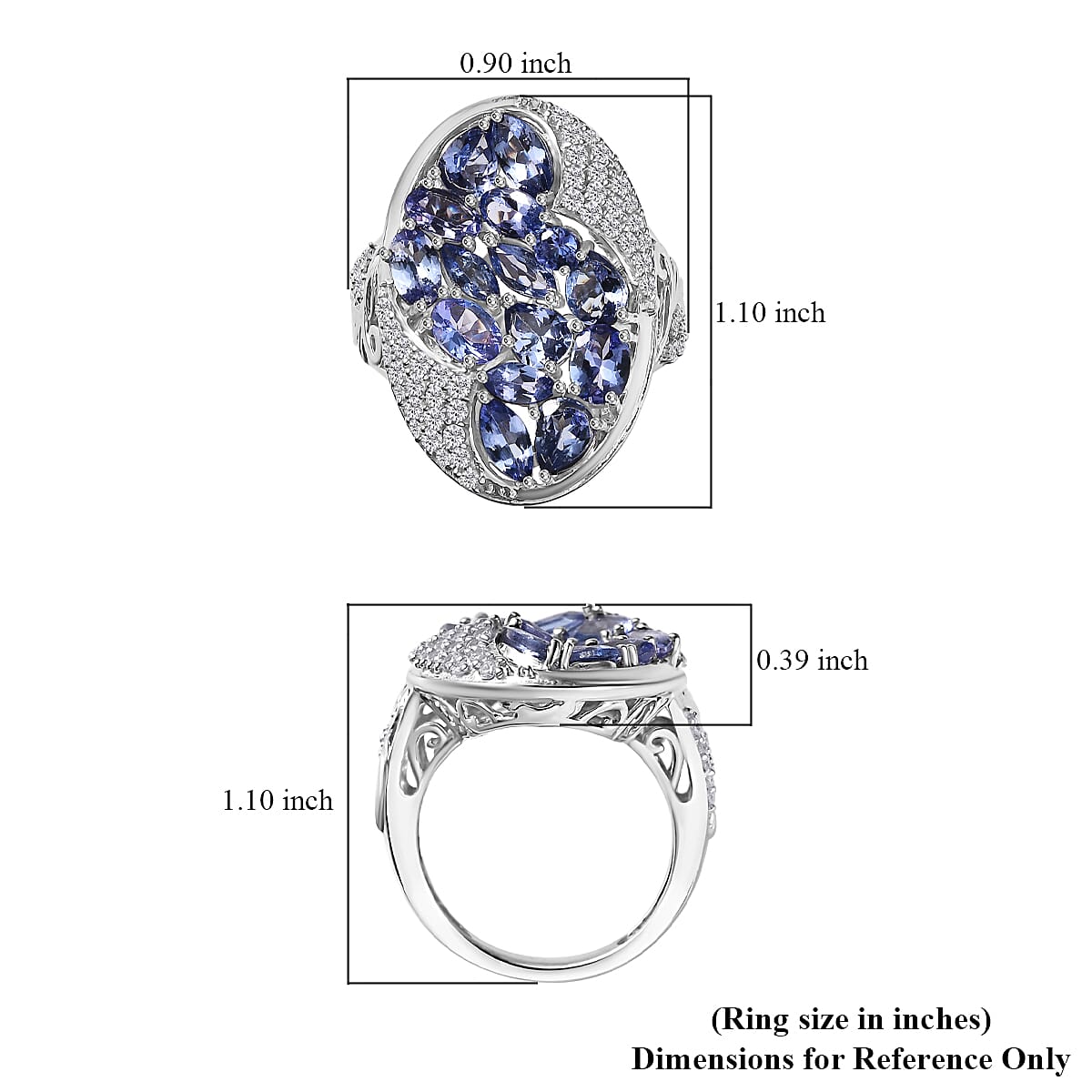 Tanzanite and White Zircon 4.40 ctw Leaves Ring in Rhodium Over Sterling Silver (Size 5.0) image number 5