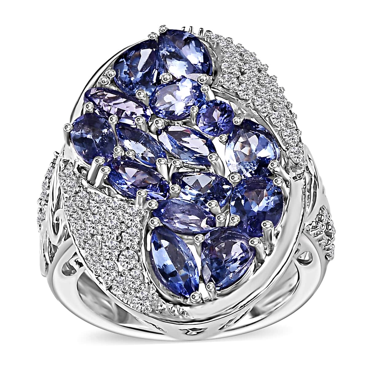 Tanzanite and White Zircon 4.40 ctw Leaves Ring in Rhodium Over Sterling Silver (Size 6.0) image number 0