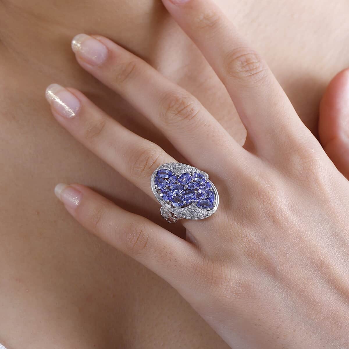 Tanzanite and White Zircon 4.40 ctw Leaves Ring in Rhodium Over Sterling Silver (Size 6.0) image number 2