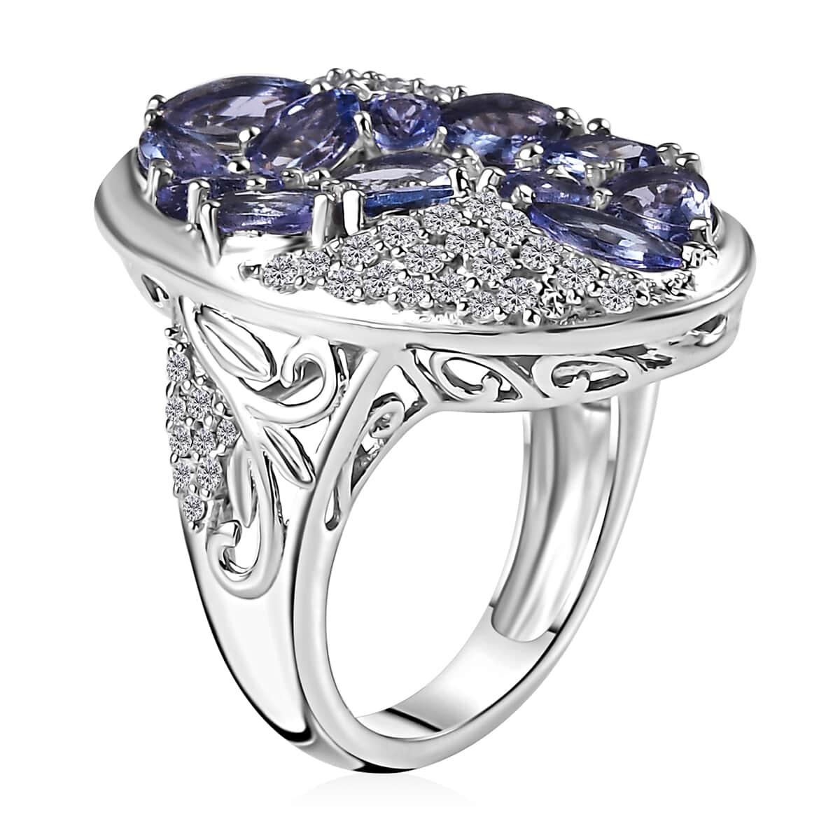 Tanzanite and White Zircon 4.40 ctw Leaves Ring in Rhodium Over Sterling Silver (Size 6.0) image number 3