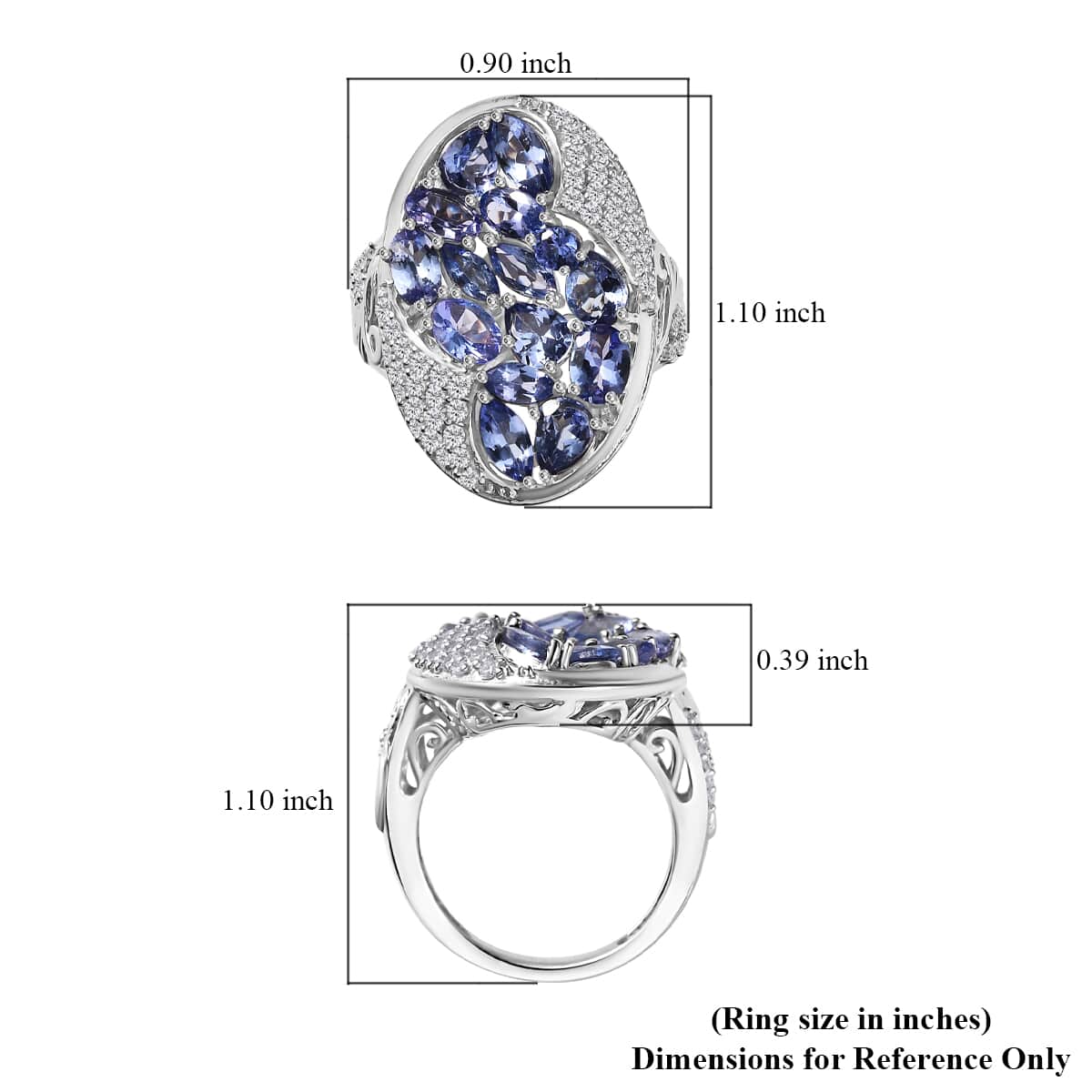 Tanzanite and White Zircon 4.40 ctw Leaves Ring in Rhodium Over Sterling Silver (Size 6.0) image number 5