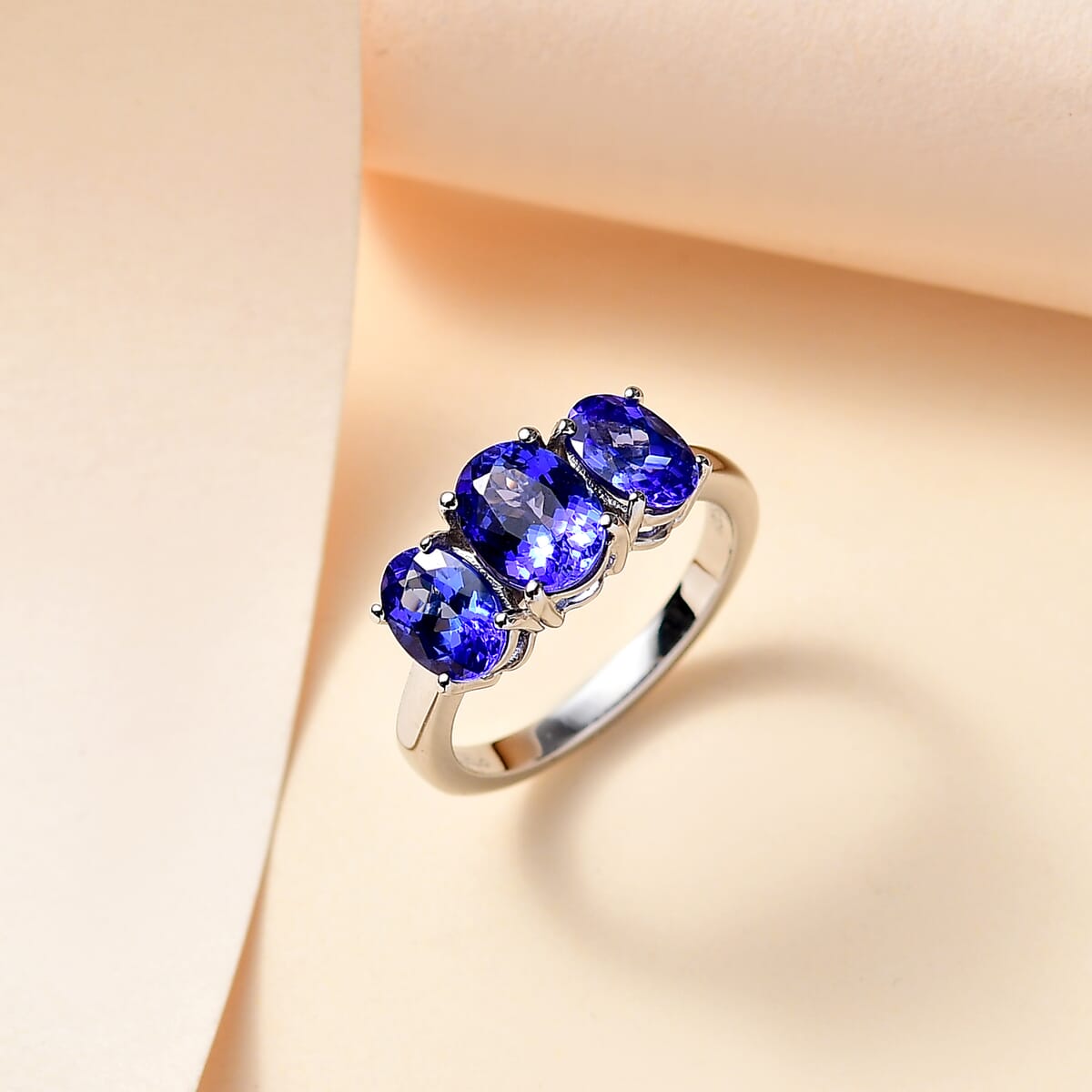 Certified & Appraised Rhapsody AAAA Tanzanite 3.30 ctw 3 Stone Ring in 950 Platinum (Size 9.0) 5.56 Grams image number 1