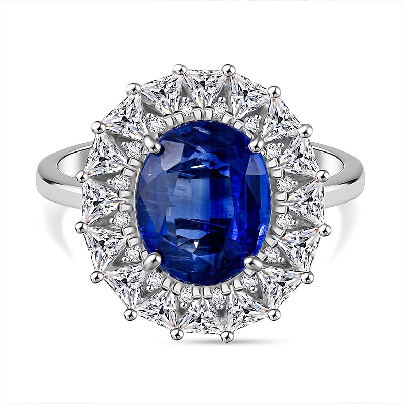 Kashmir Blue Kyanite and White Topaz 6.85 ctw Midnight Radiance Halo Ring in Rhodium Over Sterling Silver (Size 10.0)