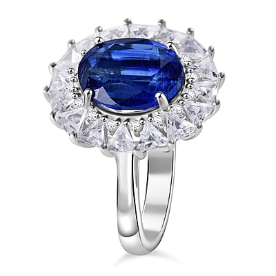 Kashmir Blue Kyanite and White Topaz 6.85 ctw Midnight Radiance Halo Ring in Rhodium Over Sterling Silver (Size 10.0)
