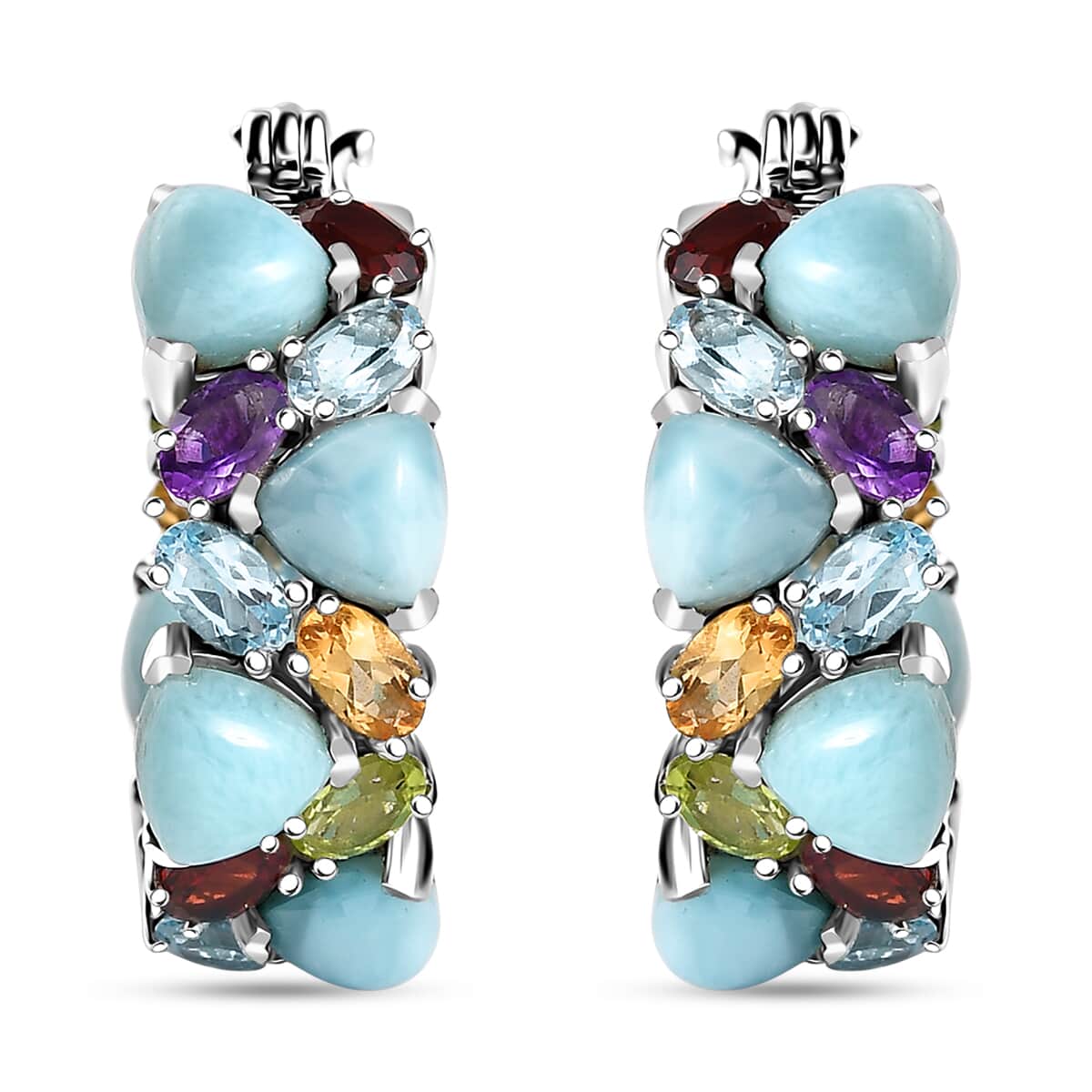 Larimar and Multi Gemstone 20.40 ctw Zig-Zag Hoop Earrings in Platinum Over Sterling Silver image number 0