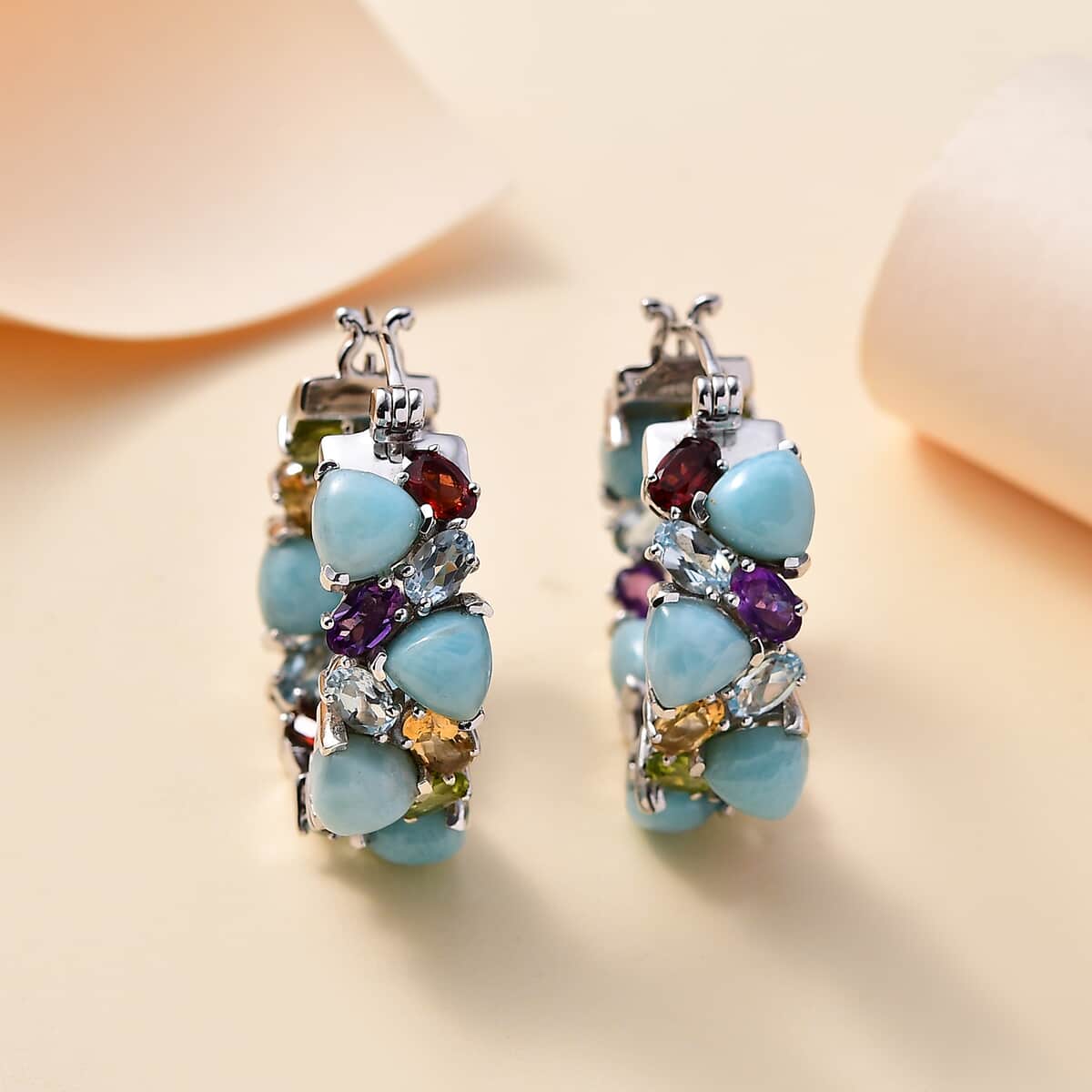 Larimar and Multi Gemstone 20.40 ctw Zig-Zag Hoop Earrings in Platinum Over Sterling Silver image number 1