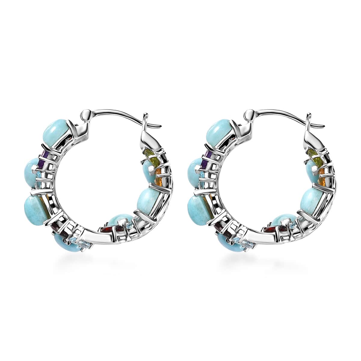 Larimar and Multi Gemstone 20.40 ctw Zig-Zag Hoop Earrings in Platinum Over Sterling Silver image number 3