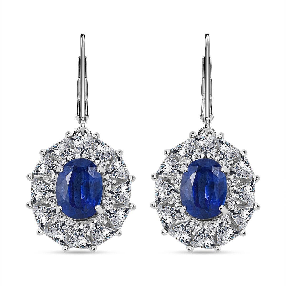 Kashmir Blue Kashmir Blue Kyanite and White Topaz 6.85 ctw Midnight Radiance Halo Lever Back Earrings in Rhodium Over Sterling Silver