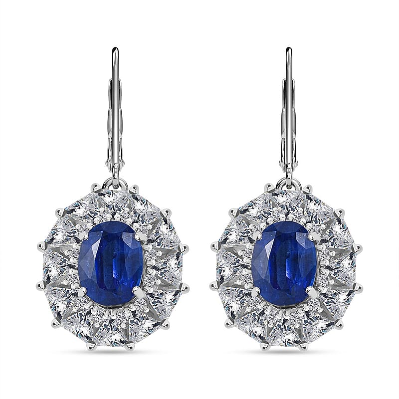 Kashmir Blue Kashmir Blue Kyanite and White Topaz 6.85 ctw Midnight Radiance Halo Lever Back Earrings in Rhodium Over Sterling Silver