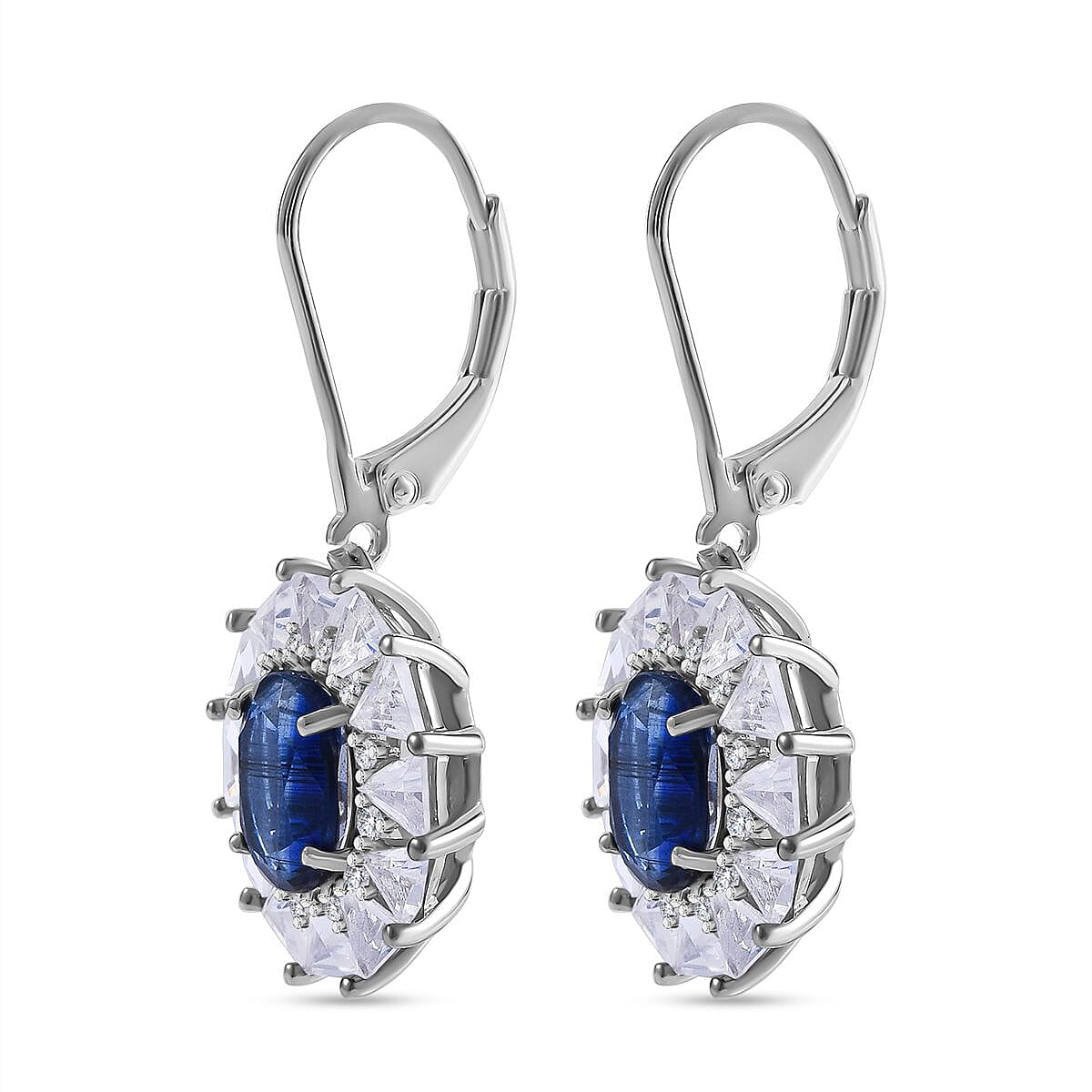 Kashmir Blue Kashmir Blue Kyanite and White Topaz 6.85 ctw Midnight Radiance Halo Lever Back Earrings in Rhodium Over Sterling Silver