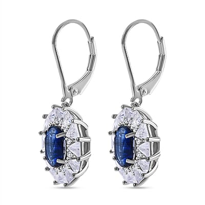 Kashmir Blue Kashmir Blue Kyanite and White Topaz 6.85 ctw Midnight Radiance Halo Lever Back Earrings in Rhodium Over Sterling Silver