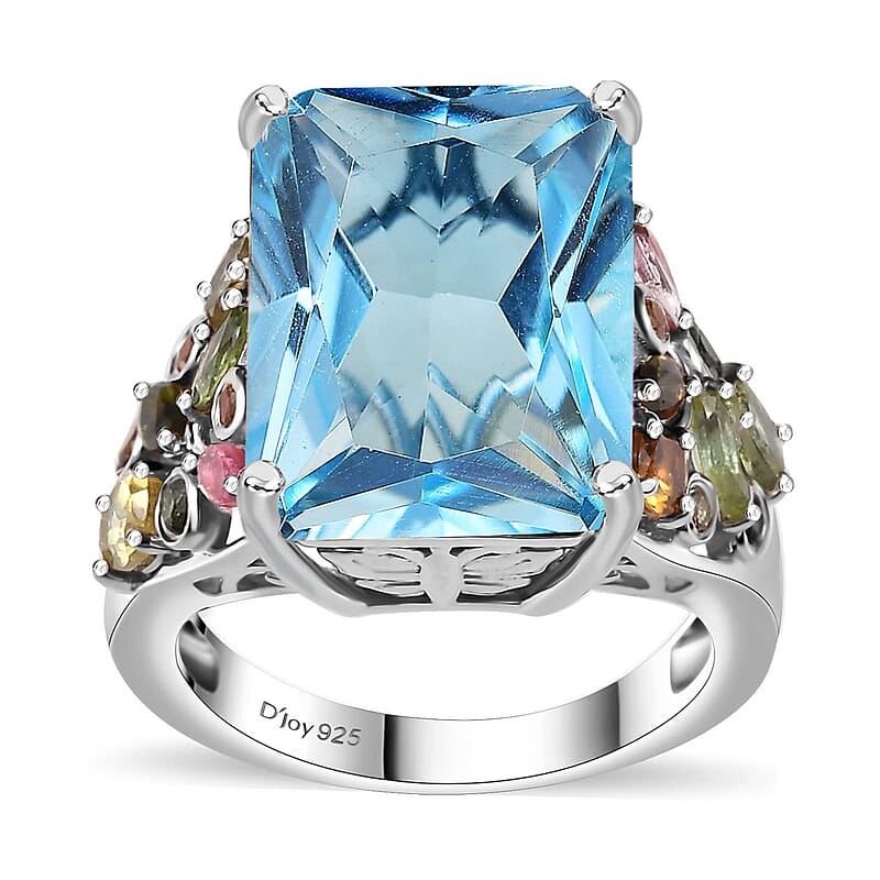 Radiant Cut Sky Blue Topaz and Multi-Tourmaline 17.00 ctw Butterfly Ring in Rhodium Over Sterling Silver (Size 10.0)