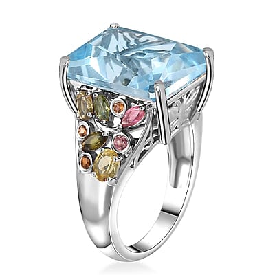 Radiant Cut Sky Blue Topaz and Multi-Tourmaline 17.00 ctw Butterfly Ring in Rhodium Over Sterling Silver (Size 10.0)