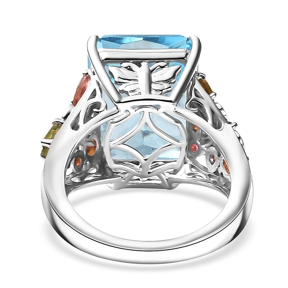 Radiant Cut Sky Blue Topaz and Multi-Tourmaline 17.00 ctw Butterfly Ring in Rhodium Over Sterling Silver (Size 10.0)