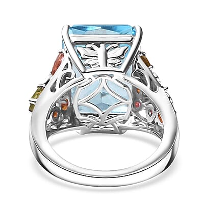 Radiant Cut Sky Blue Topaz and Multi-Tourmaline 17.00 ctw Butterfly Ring in Rhodium Over Sterling Silver (Size 10.0)