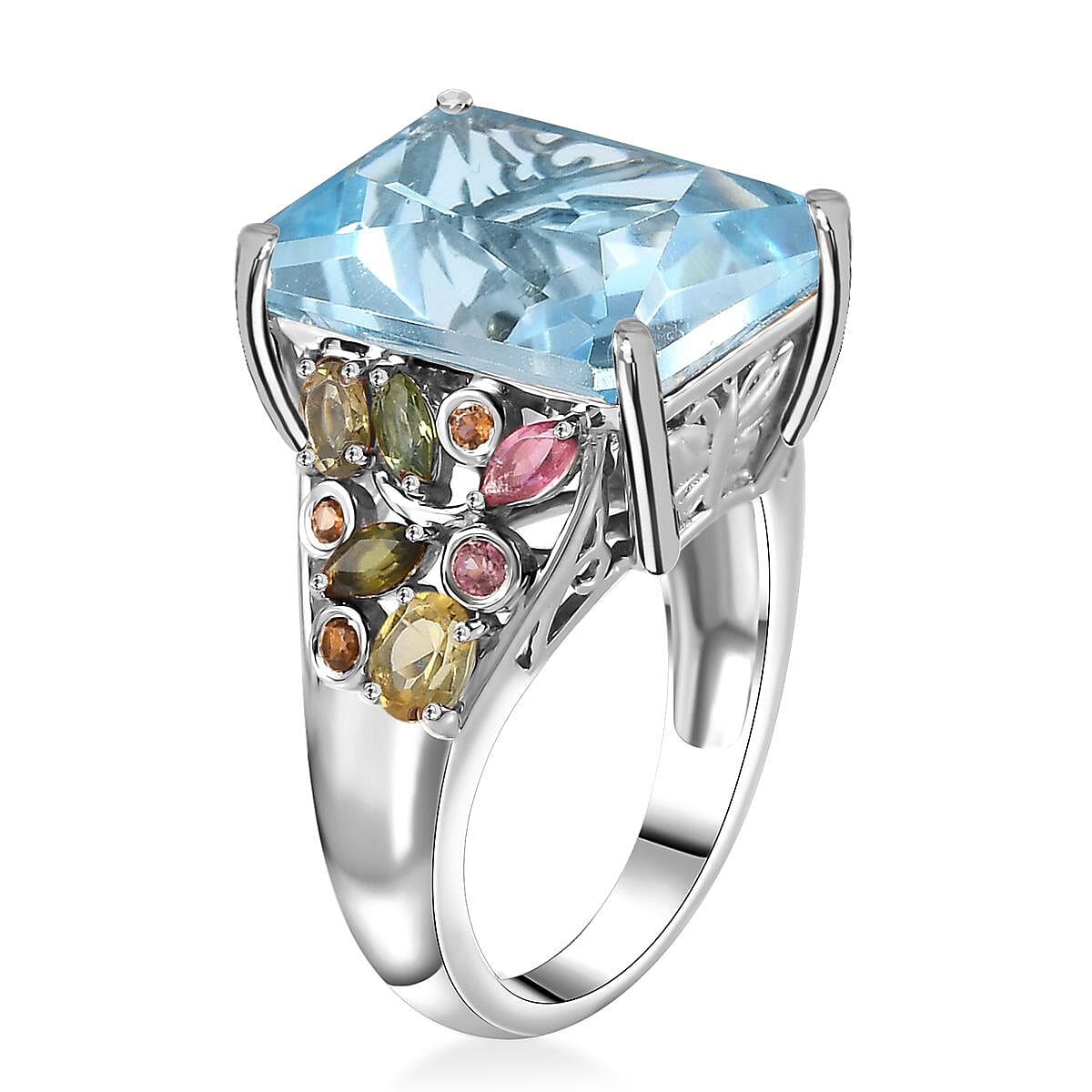 Radiant Cut Sky Blue Topaz and Multi-Tourmaline 17.00 ctw Butterfly Ring in Rhodium Over Sterling Silver (Size 8.0) image number 3