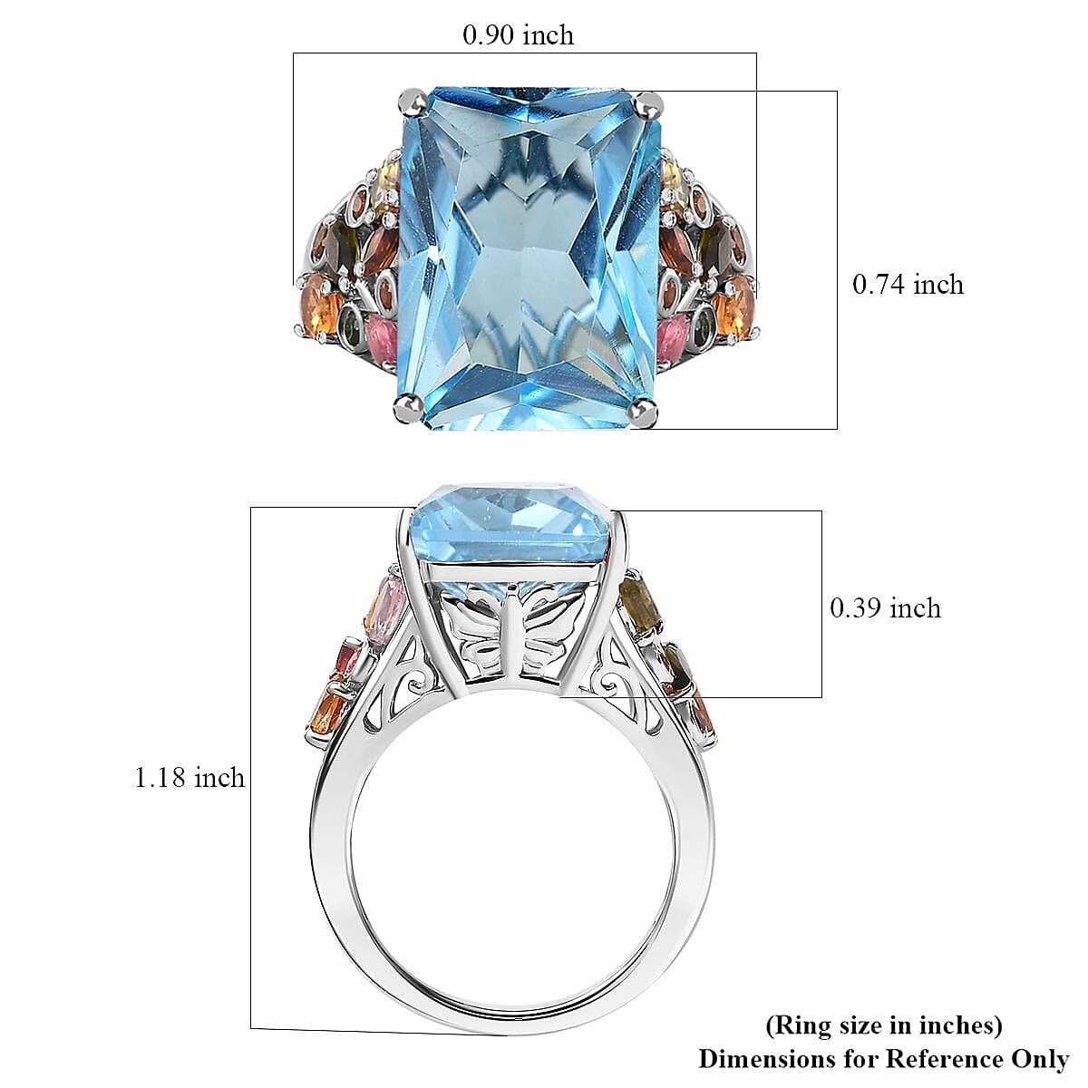 Radiant Cut Sky Blue Topaz and Multi-Tourmaline 17.00 ctw Butterfly Ring in Rhodium Over Sterling Silver (Size 8.0) image number 5
