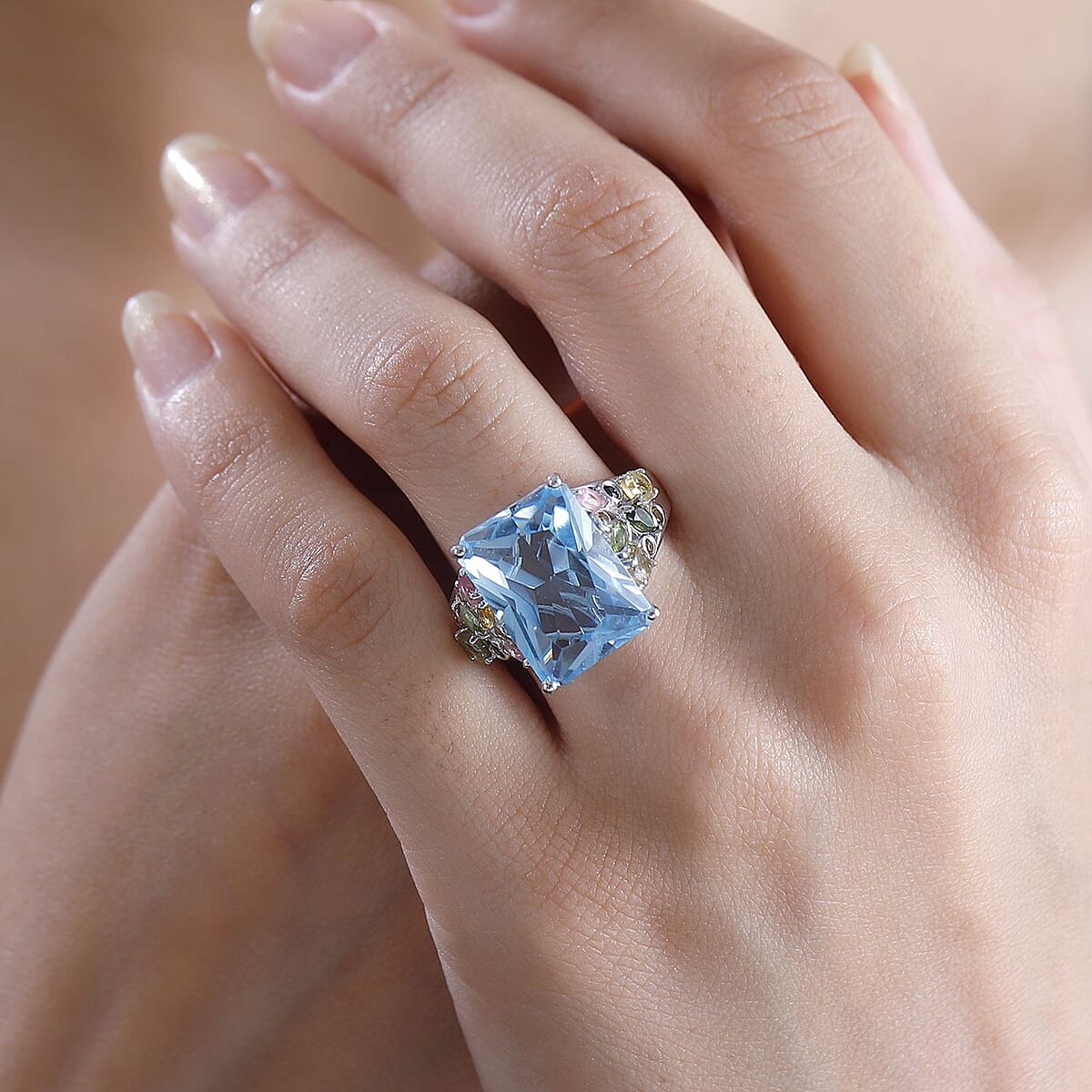 Radiant Cut Sky Blue Topaz and Multi-Tourmaline 17.00 ctw Butterfly Ring in Rhodium Over Sterling Silver (Size 9.0) image number 1