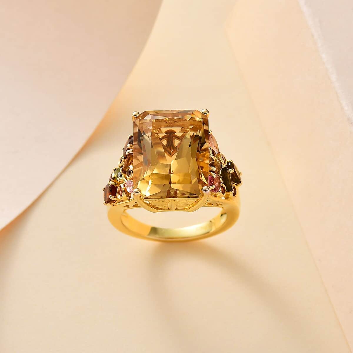 Radiant Cut Brazilian Citrine and Multi-Tourmaline 12.85 ctw Butterfly Ring in 18K Vermeil Yellow Gold Over Sterling Silver (Size 7.0) image number 0