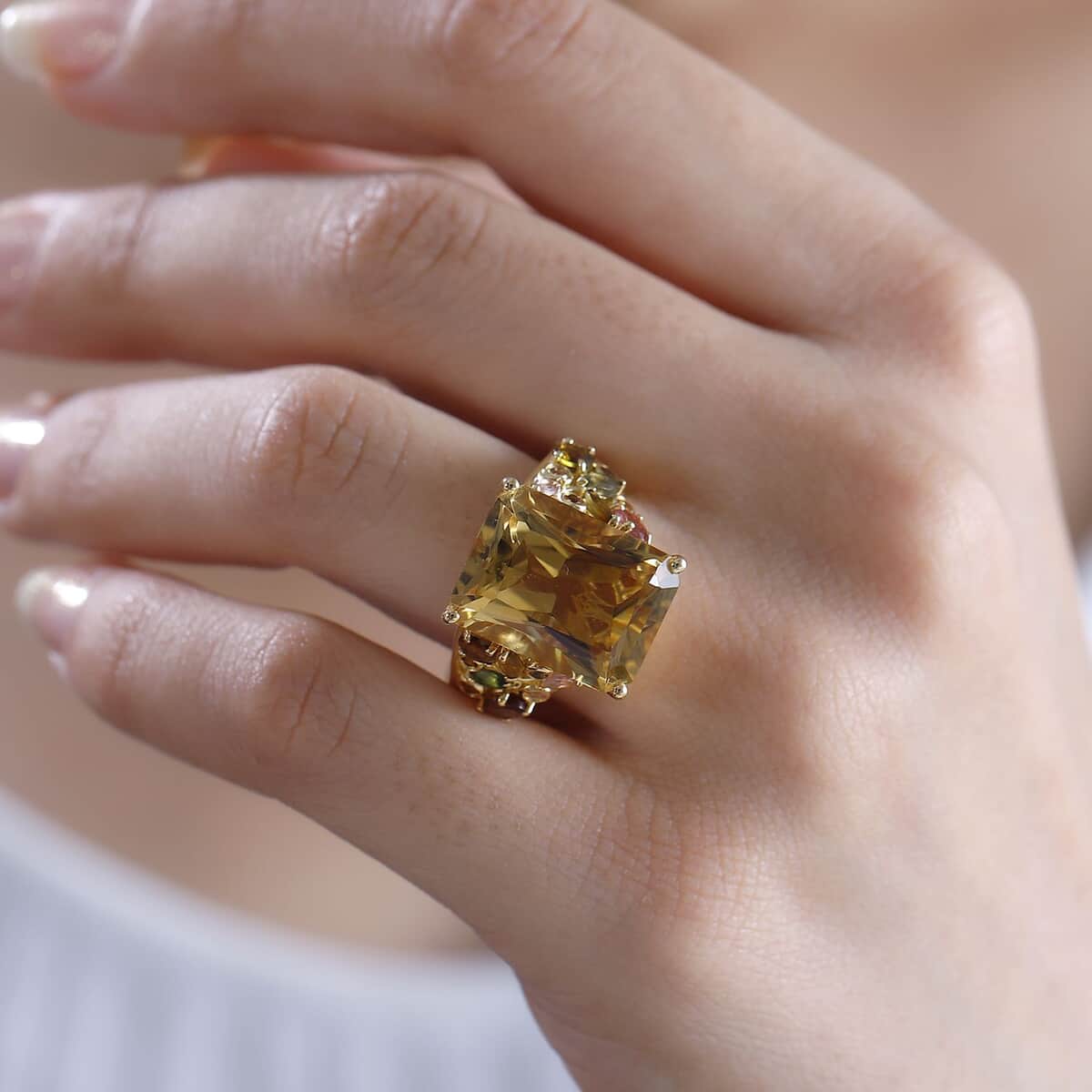 Radiant Cut Brazilian Citrine and Multi-Tourmaline 12.85 ctw Butterfly Ring in 18K Vermeil Yellow Gold Over Sterling Silver (Size 7.0) image number 1