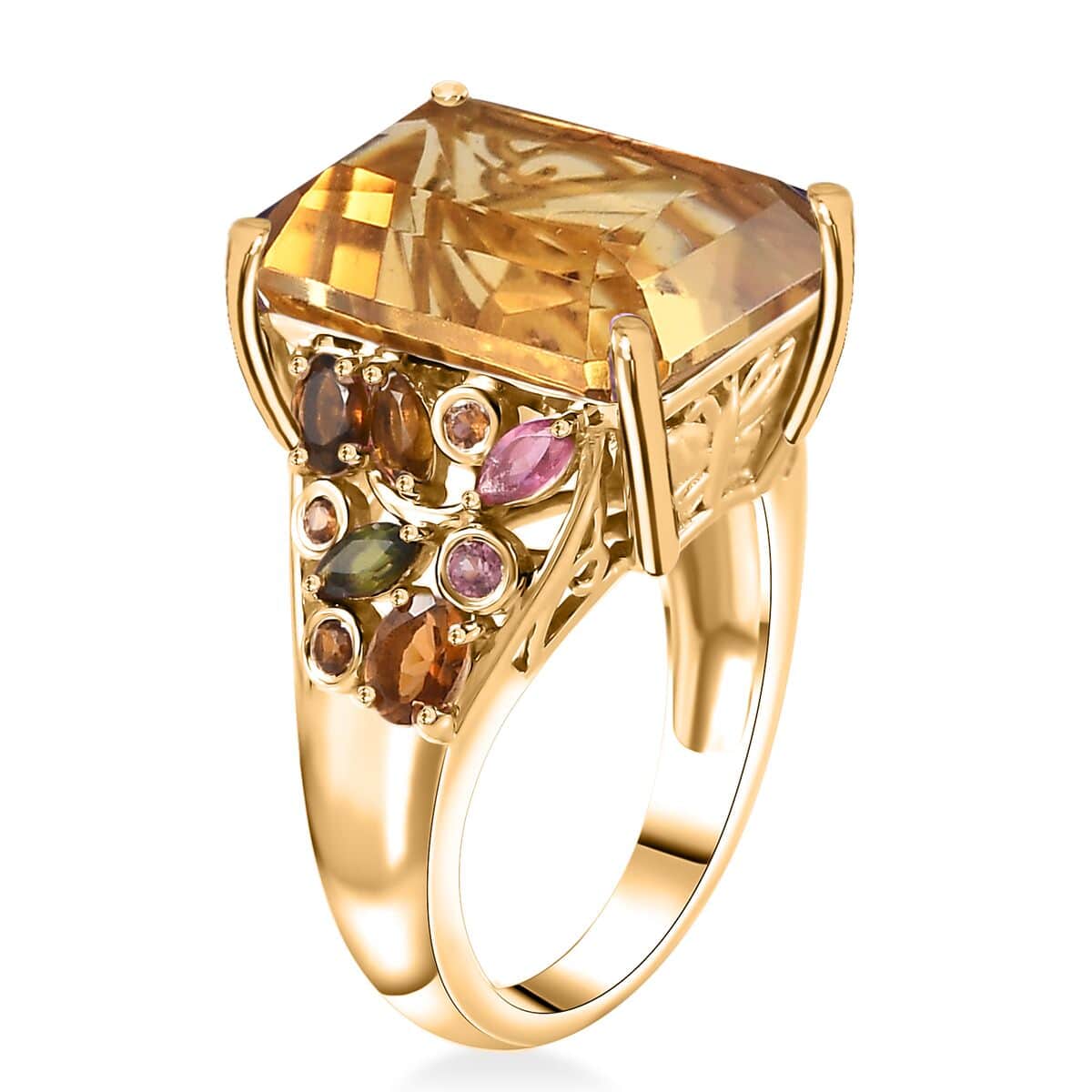 Radiant Cut Brazilian Citrine and Multi-Tourmaline 12.85 ctw Butterfly Ring in 18K Vermeil Yellow Gold Over Sterling Silver (Size 7.0) image number 2