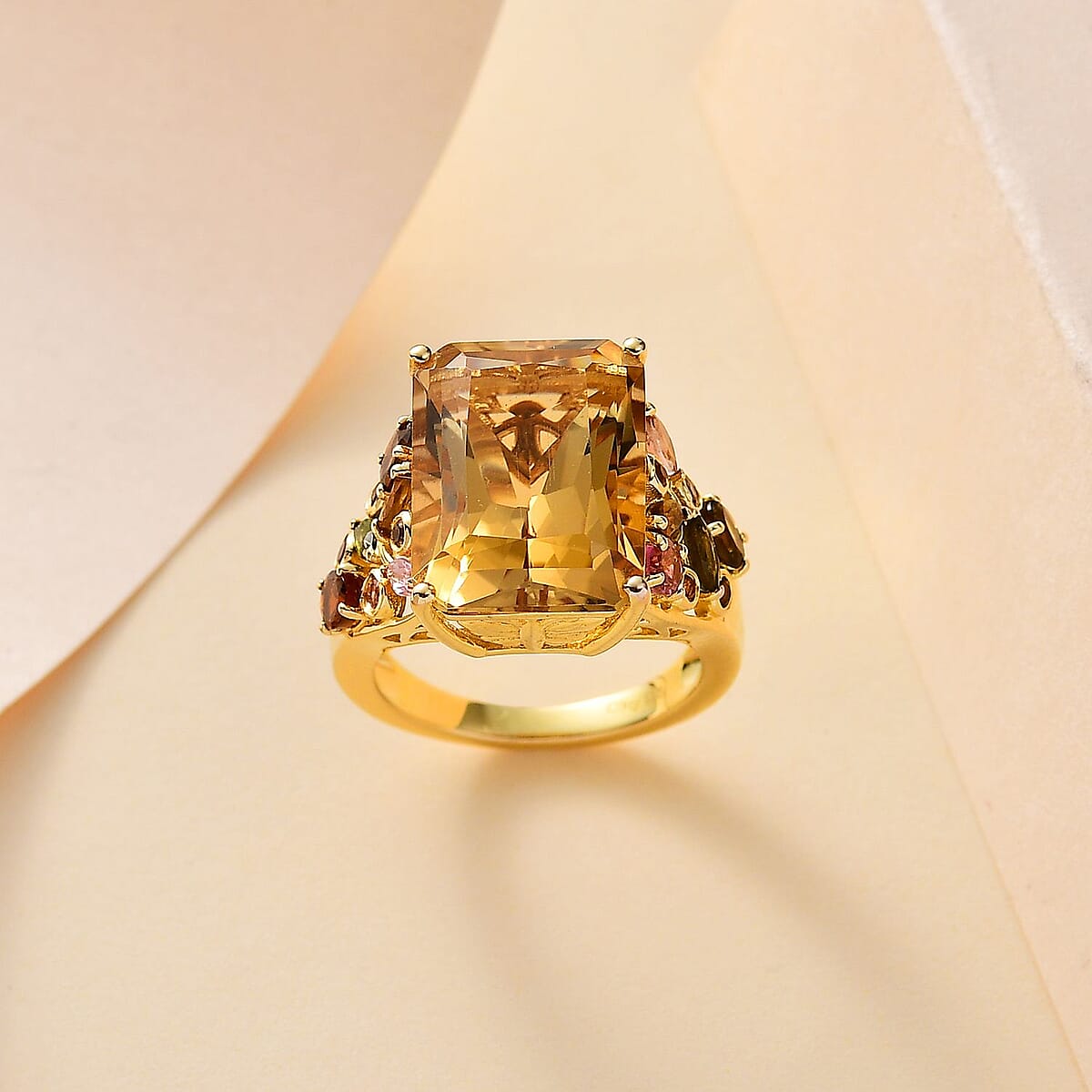 Radiant Cut Brazilian Citrine and Multi-Tourmaline 12.85 ctw Butterfly Ring in 18K Vermeil Yellow Gold Over Sterling Silver (Size 9.0) image number 0