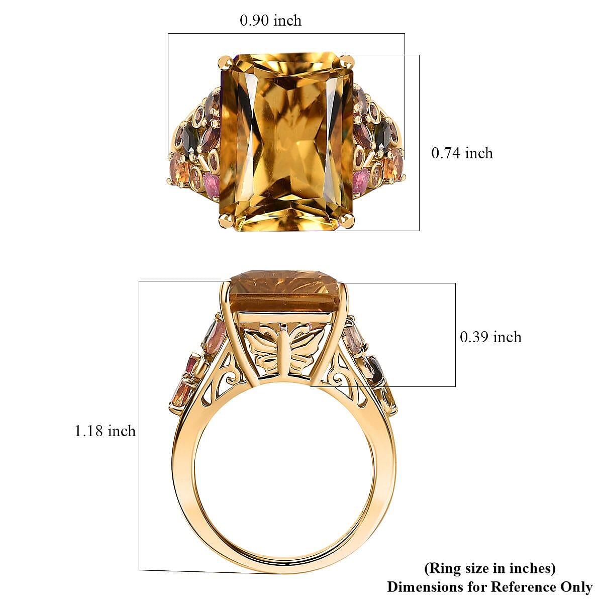 Radiant Cut Brazilian Citrine and Multi-Tourmaline 12.85 ctw Butterfly Ring in 18K Vermeil Yellow Gold Over Sterling Silver (Size 9.0) image number 4