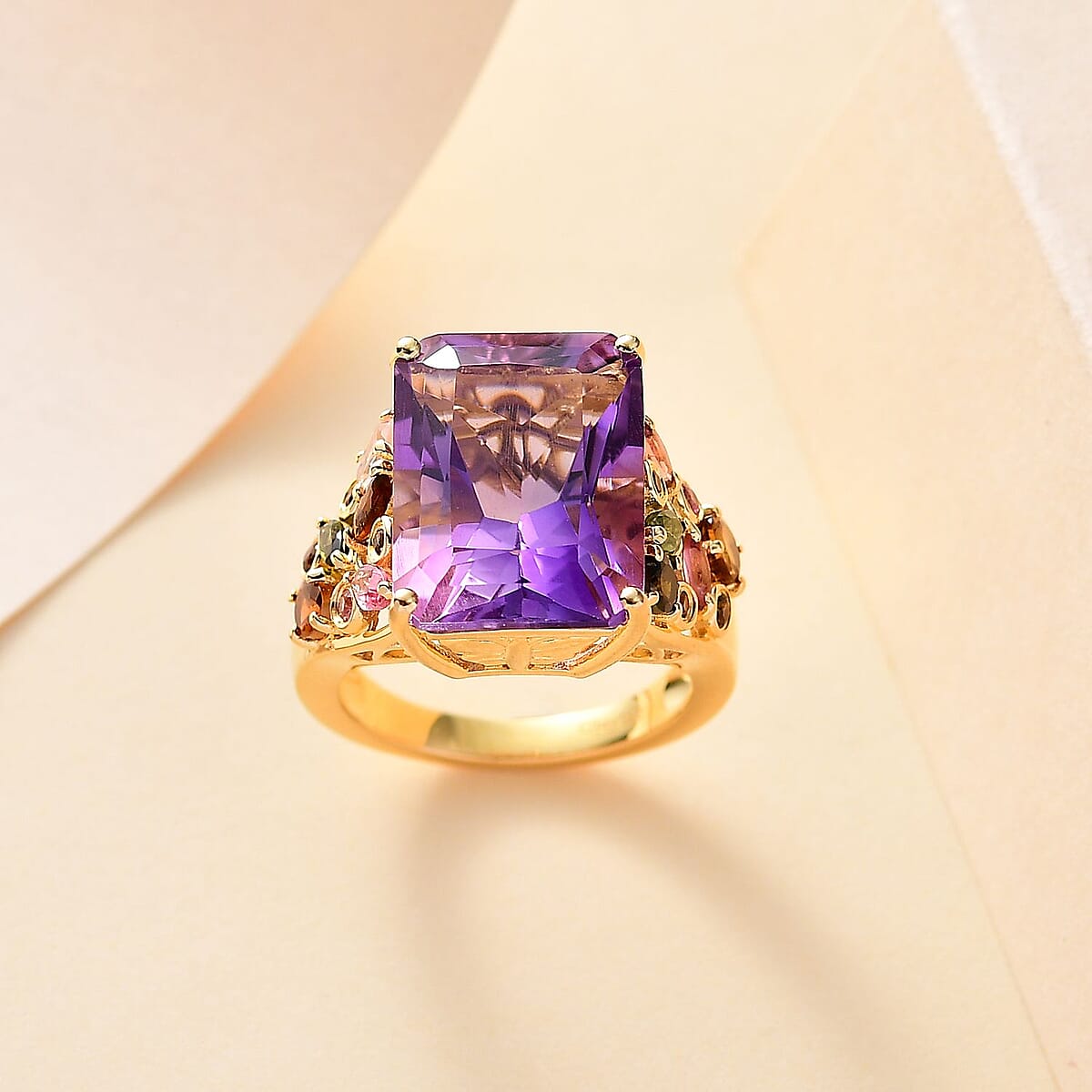 Radiant Cut African Amethyst and Multi-Tourmaline 12.15 ctw Butterfly Ring in 18K Vermeil Yellow Gold Over Sterling Silver (Size 10.0) image number 1