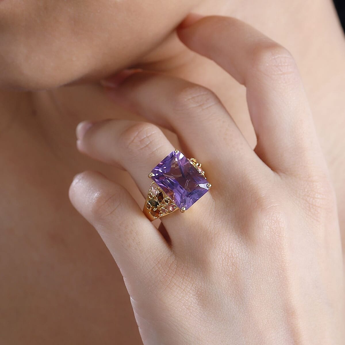 Radiant Cut African Amethyst and Multi-Tourmaline 12.15 ctw Butterfly Ring in 18K Vermeil Yellow Gold Over Sterling Silver (Size 10.0) image number 2