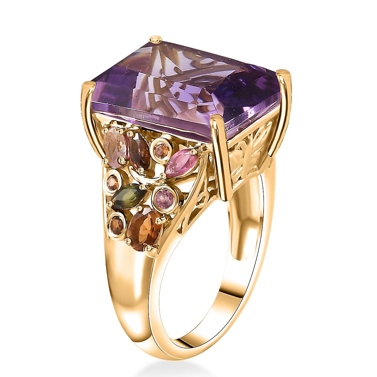 Radiant Cut African Amethyst and Multi-Tourmaline 12.15 ctw Butterfly Ring in 18K Vermeil Yellow Gold Over Sterling Silver (Size 10.0) image number 3