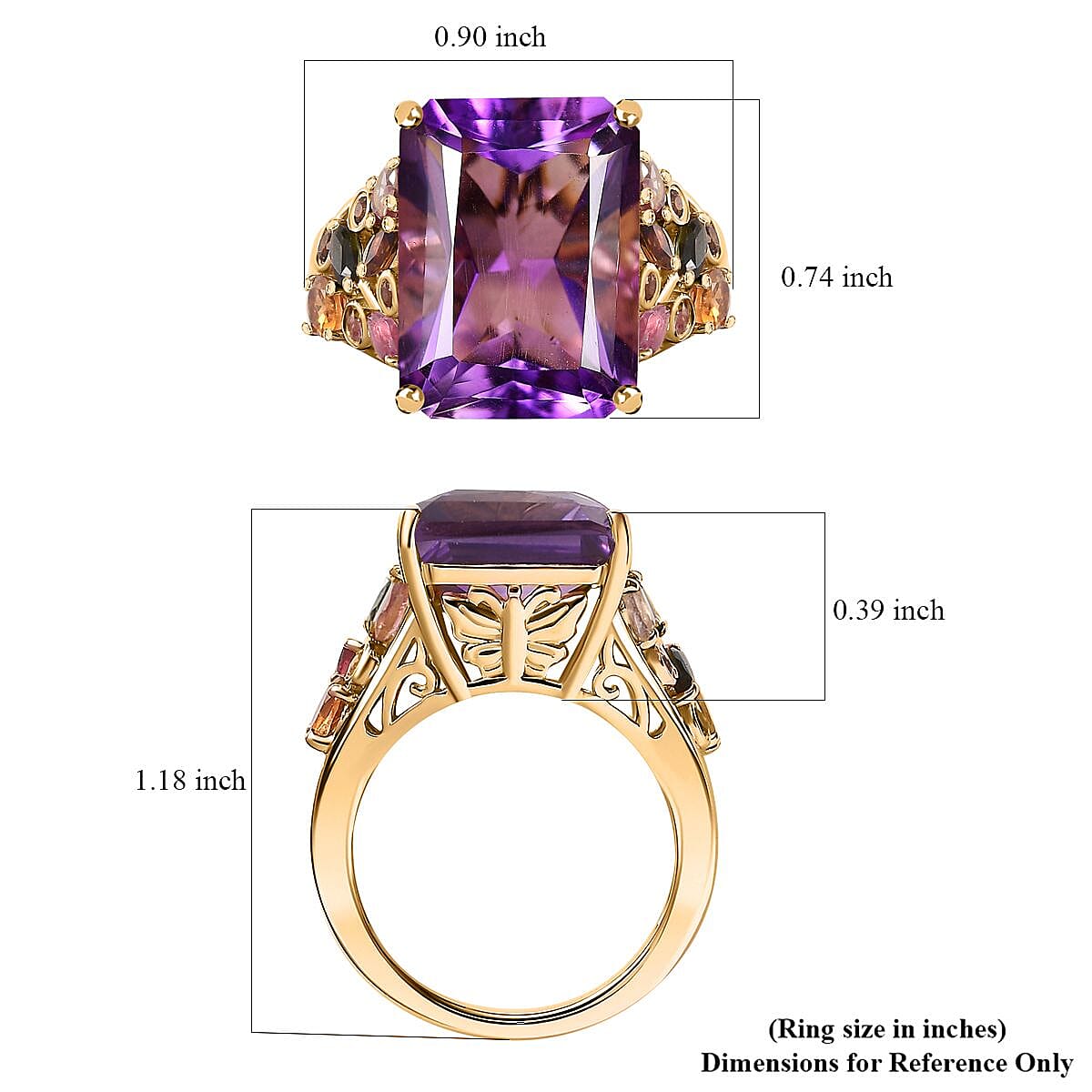 Radiant Cut African Amethyst and Multi-Tourmaline 12.15 ctw Butterfly Ring in 18K Vermeil Yellow Gold Over Sterling Silver (Size 10.0) image number 5