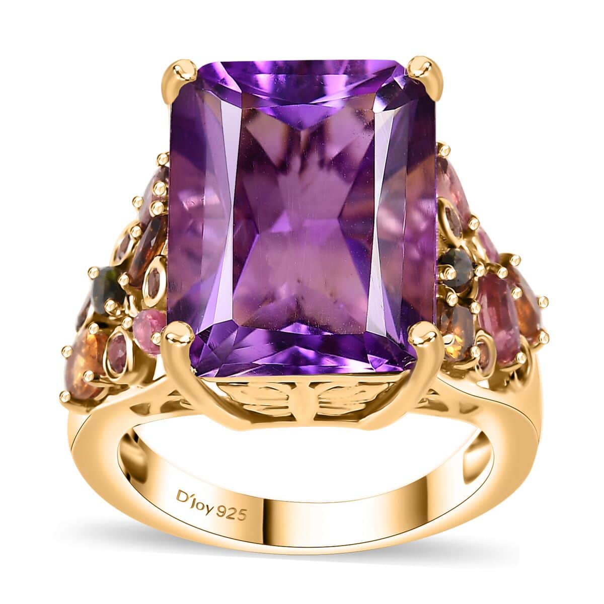 Radiant Cut African Amethyst and Multi-Tourmaline 12.15 ctw Butterfly Ring in 18K Vermeil Yellow Gold Over Sterling Silver (Size 7.0) image number 0