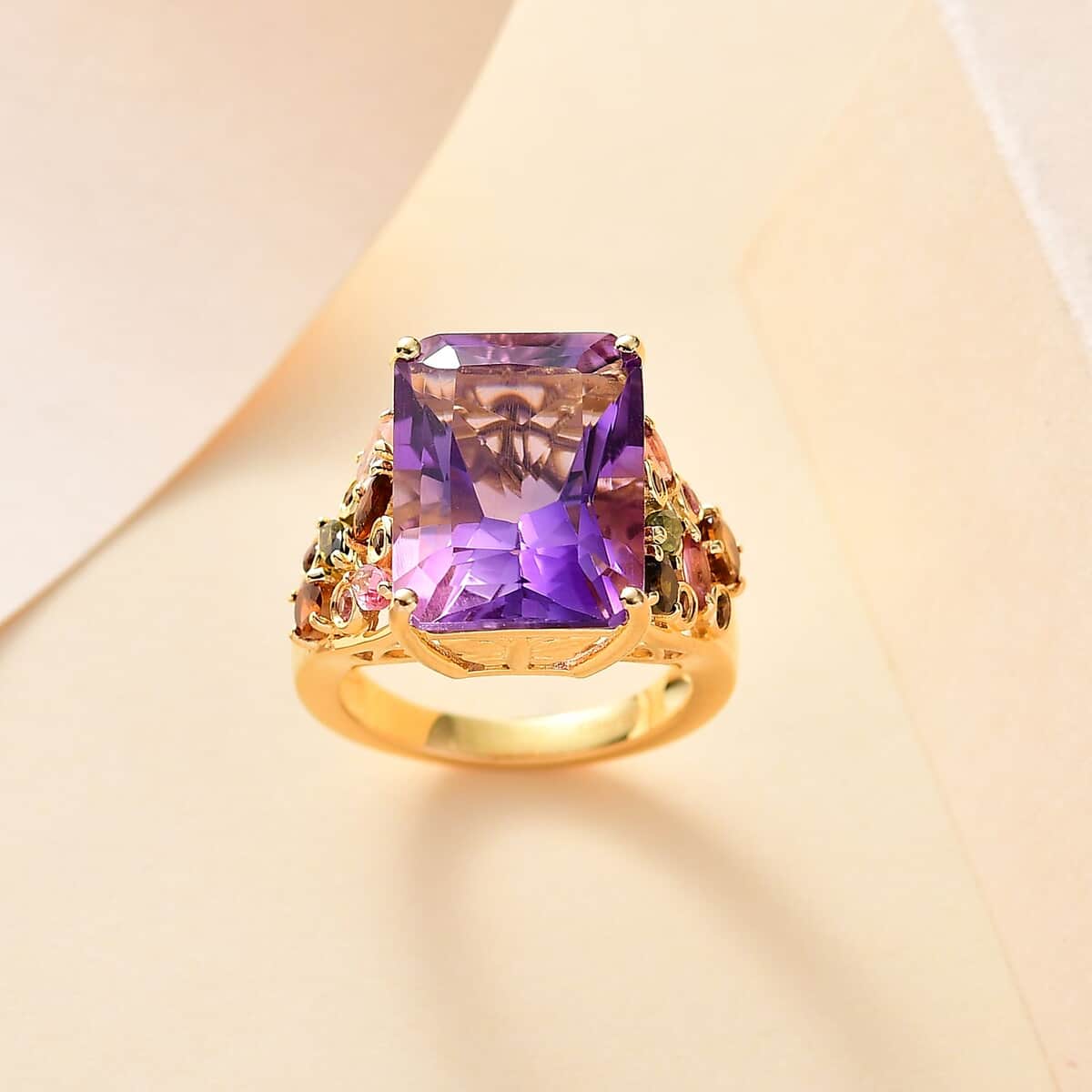 Radiant Cut African Amethyst and Multi-Tourmaline 12.15 ctw Butterfly Ring in 18K Vermeil Yellow Gold Over Sterling Silver (Size 7.0) image number 1