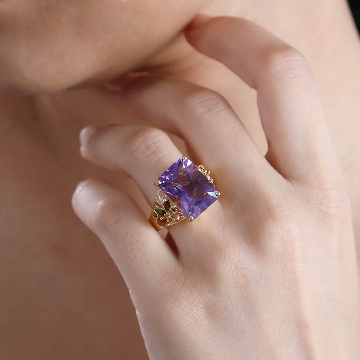 Radiant Cut African Amethyst and Multi-Tourmaline 12.15 ctw Butterfly Ring in 18K Vermeil Yellow Gold Over Sterling Silver (Size 7.0) image number 2