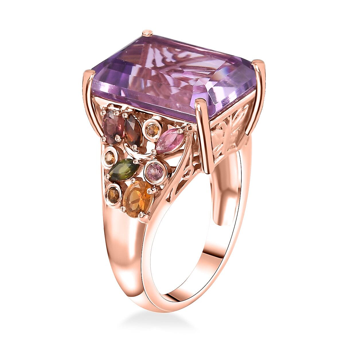 D'Joy Radiant Cut Rose De France Amethyst and Multi-Tourmaline 12.60 ctw Butterfly Ring in 18K Vermeil Rose Gold Over Sterling Silver (Size 10.0) image number 3