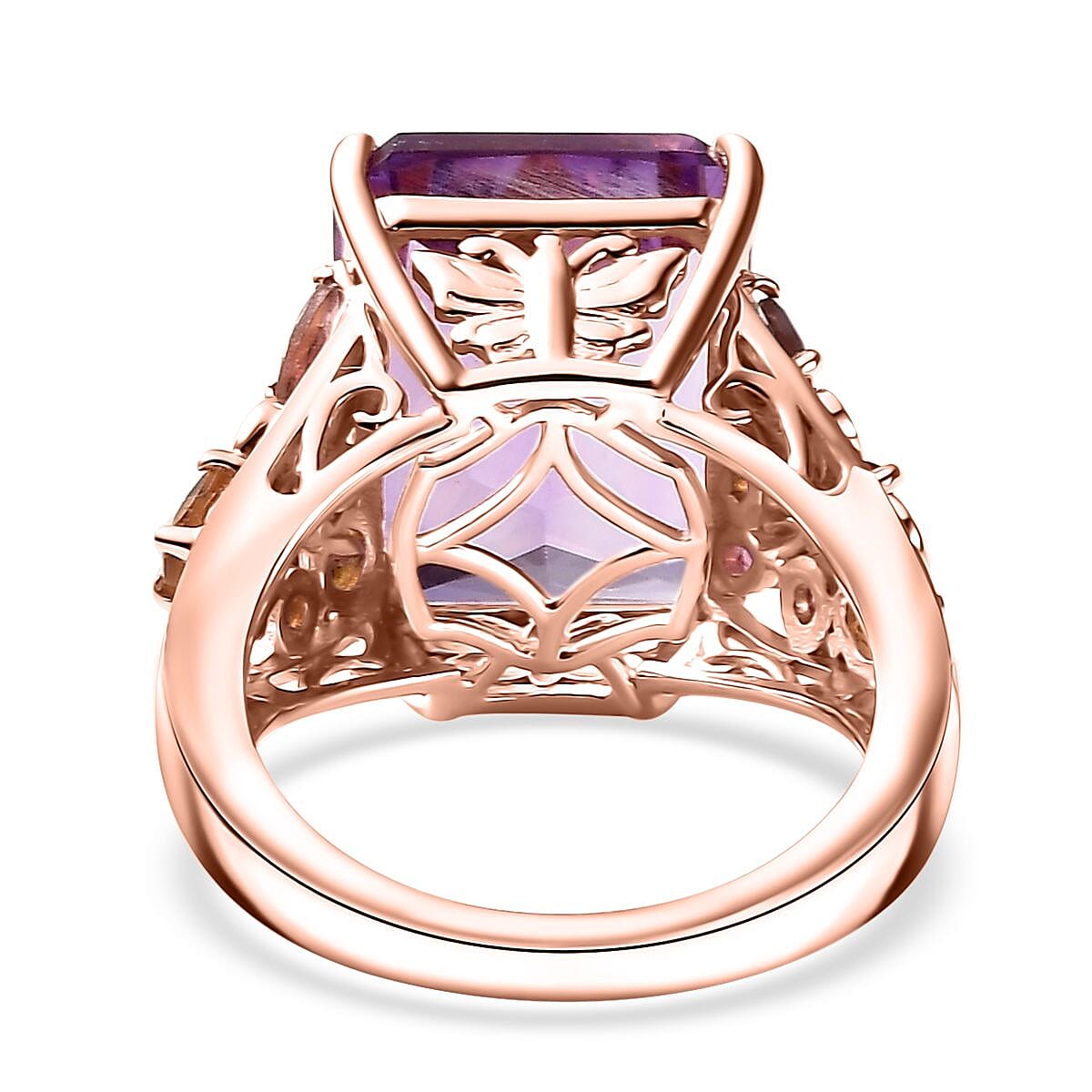 D'Joy Radiant Cut Rose De France Amethyst and Multi-Tourmaline 12.60 ctw Butterfly Ring in 18K Vermeil Rose Gold Over Sterling Silver (Size 10.0) image number 4