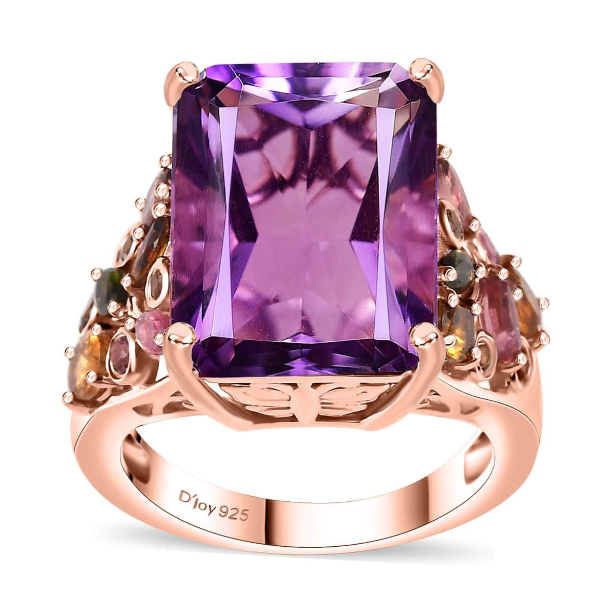 Radiant Cut Rose De France Amethyst and Multi-Tourmaline 12.60 ctw Butterfly Ring in 18K Vermeil Rose Gold Over Sterling Silver (Size 6.0) image number 0