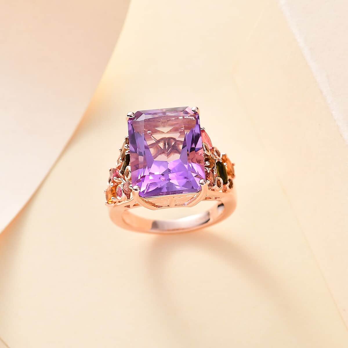 Radiant Cut Rose De France Amethyst and Multi-Tourmaline 12.60 ctw Butterfly Ring in 18K Vermeil Rose Gold Over Sterling Silver (Size 6.0) image number 1