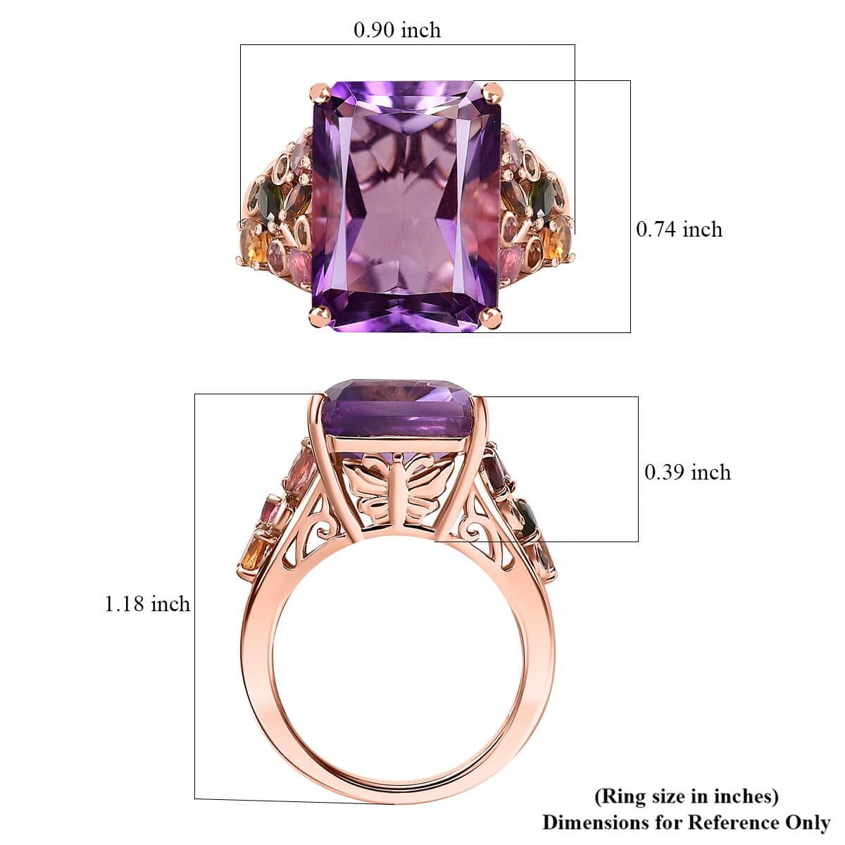 Radiant Cut Rose De France Amethyst and Multi-Tourmaline 12.60 ctw Butterfly Ring in 18K Vermeil Rose Gold Over Sterling Silver (Size 6.0) image number 5