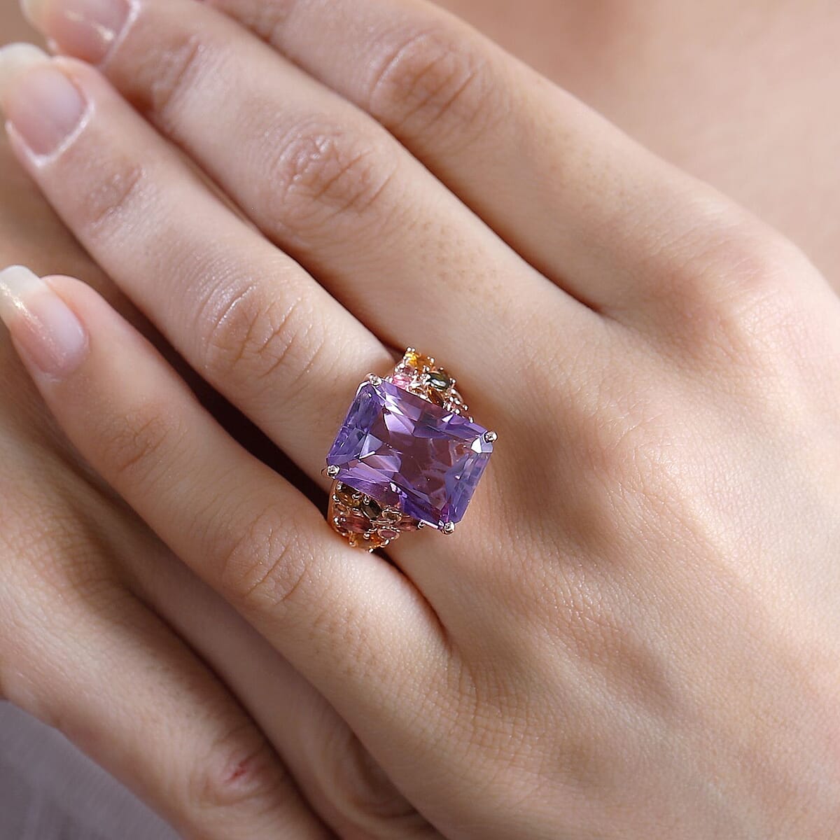 Radiant Cut Rose De France Amethyst and Multi-Tourmaline 12.60 ctw Butterfly Ring in 18K Vermeil Rose Gold Over Sterling Silver (Size 9.0) image number 1