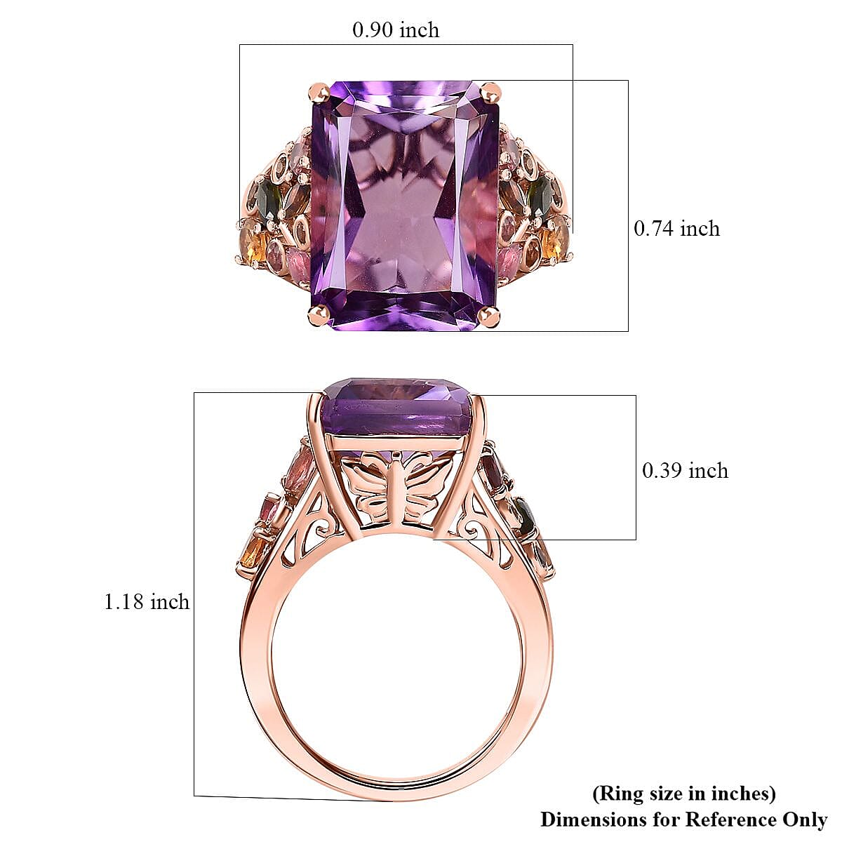 Radiant Cut Rose De France Amethyst and Multi-Tourmaline 12.60 ctw Butterfly Ring in 18K Vermeil Rose Gold Over Sterling Silver (Size 9.0) image number 4
